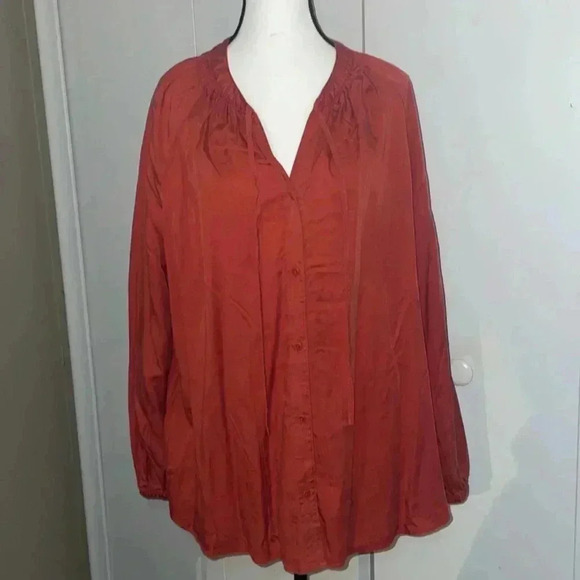 Terra & Sky burnt orange button up top w/ shoulder ruching & long tassel details - Picture 1 of 8